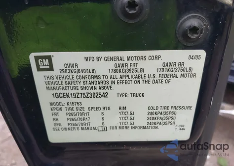 2005 Chevrolet Silverado 1500 Z71 z USA, uszkodzony, nr VIN 1GCEK19Z75Z302542